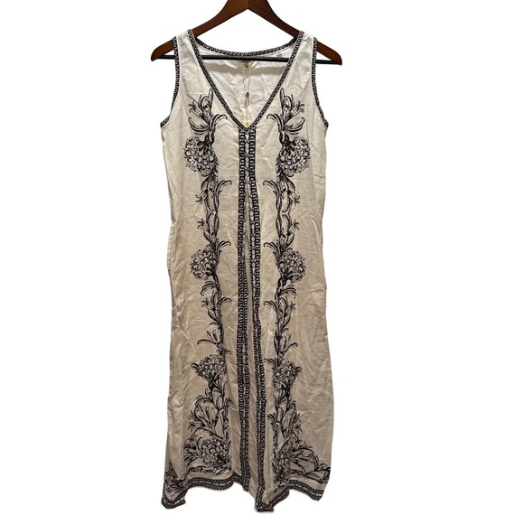 Max Studio London Linen Blend V Neck‎ Embroidered Midi Dress Ivory Black XS - Picture 2 of 8